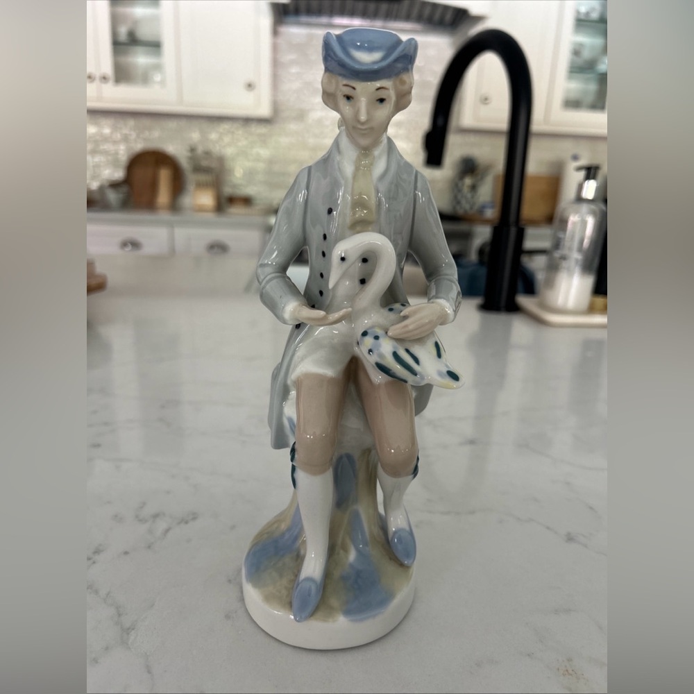 Pales Porcelain Figurine with Swan - Blue and White Vintage Spain